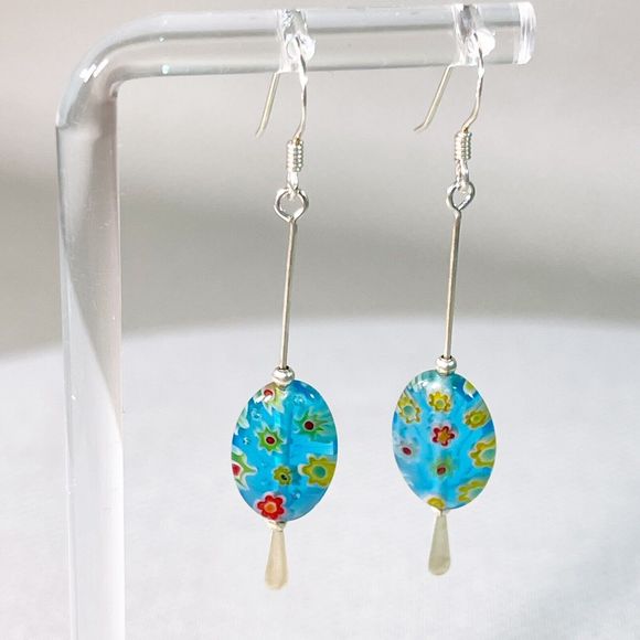 Two Inch Drop Sterling Silver Blue Millefiori Carnaval Earrings 2” Long - Picture 1 of 9